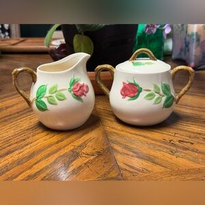 Vintage Norleans American Beauty Rose Creamer & Sugar Bowl Cream Pink Roses MCM